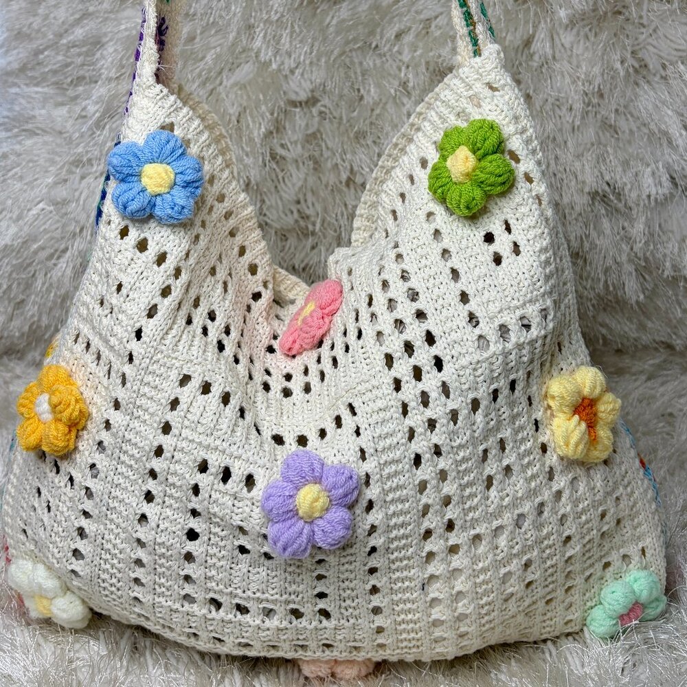 Retro Hollow-Out Floral Crochet Shoulder Crossbody Bag -Beige (New)